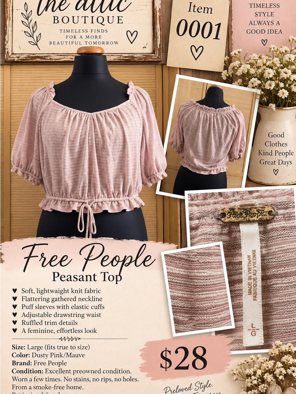 Free People Dusty Pink Mauve Peasant Blouse